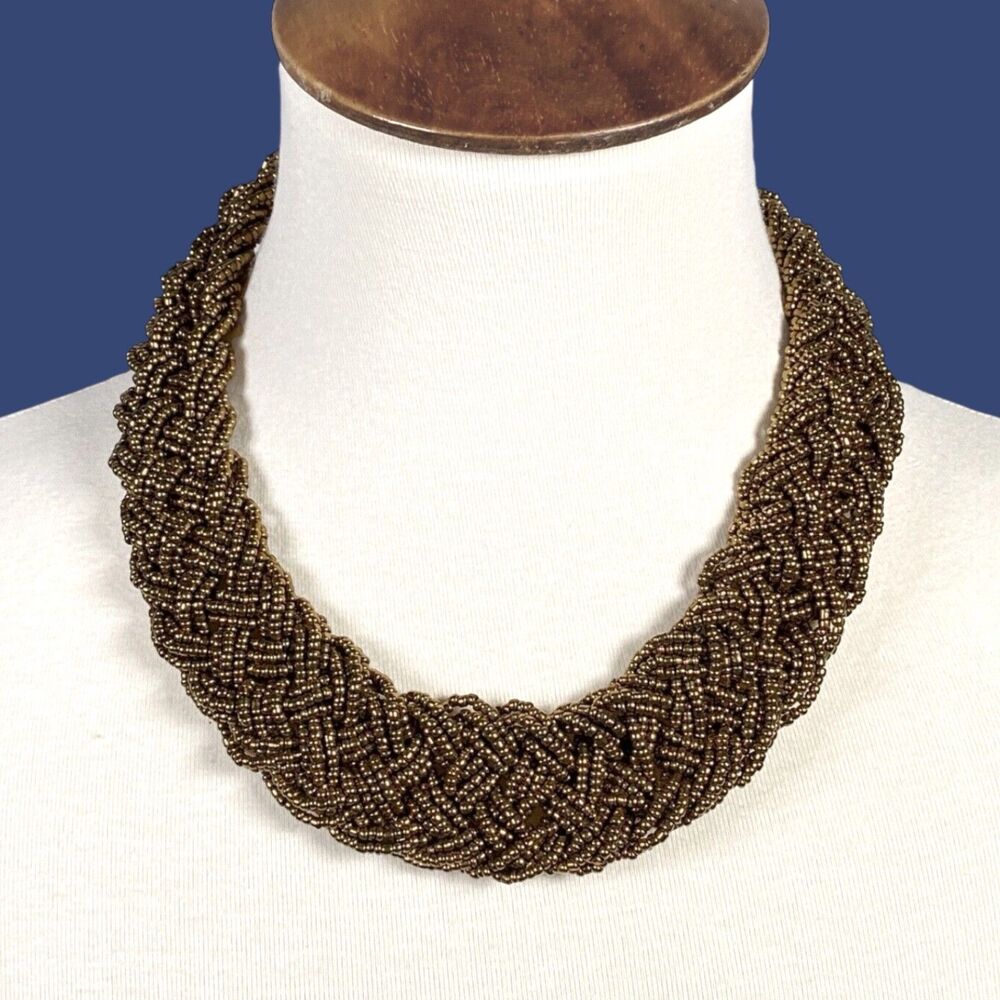 Braided Statement Necklace Bronze Tone Glass Seed Bead Chunky Wide Collar Bib